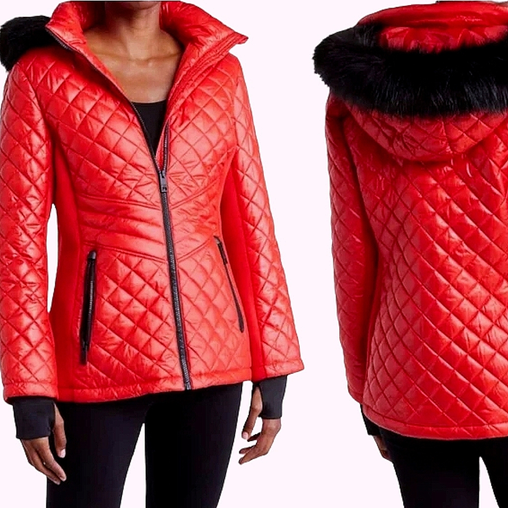 NEW Michael Kors Water-Resistant Faux Fur Trim Hooded Red Quilted Coat Size XS